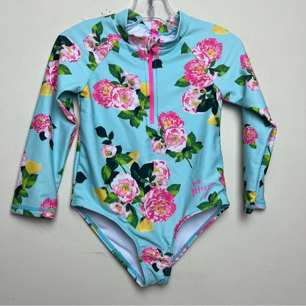 Betsey Johnson - Girl's Long Sleeve Swimsuit / Rashguard Blue Pink Roses 18M-24M